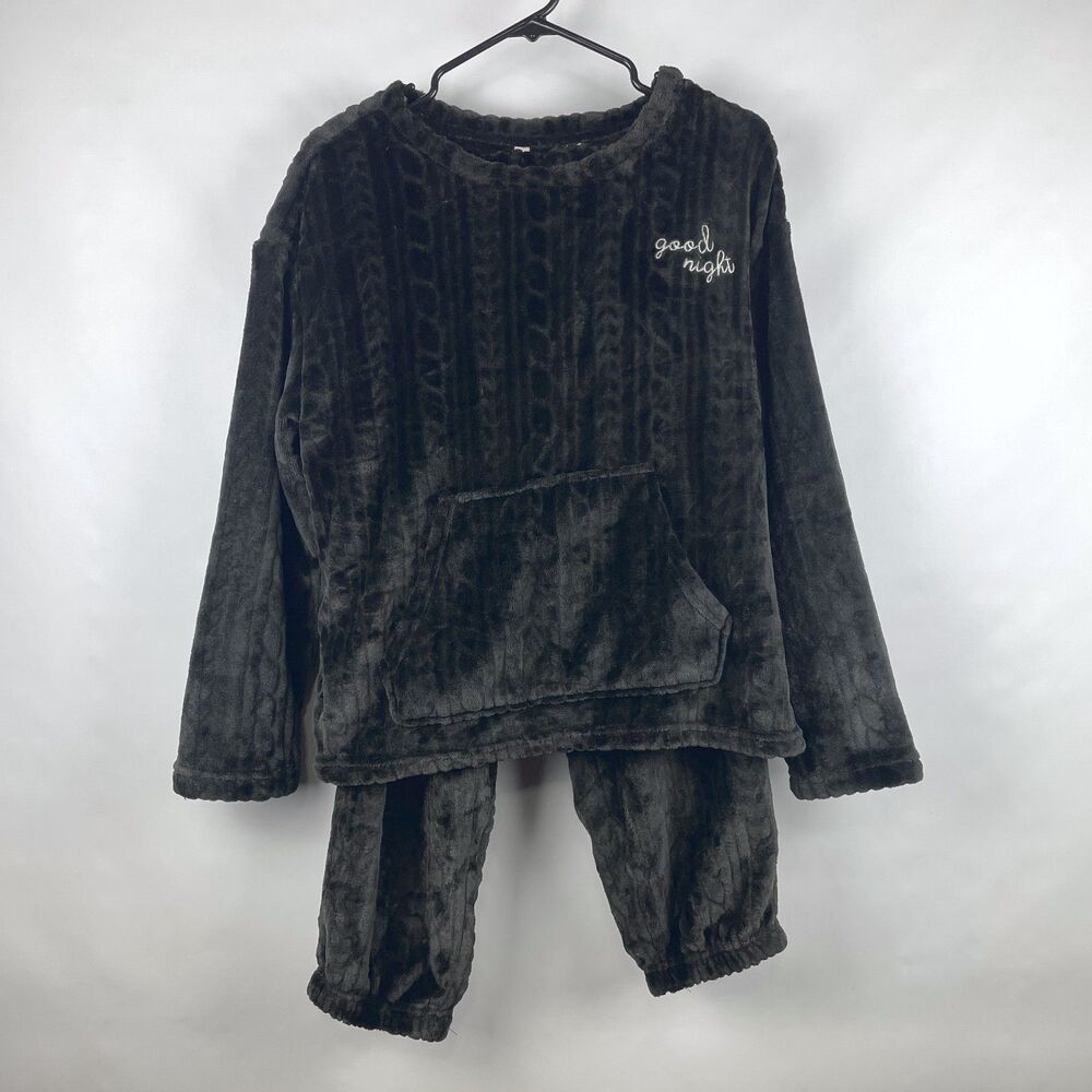 Joyspun Women's L 12-14 Black Fleece Cable Knit Cozy Warm 2-Piece Pajama Set